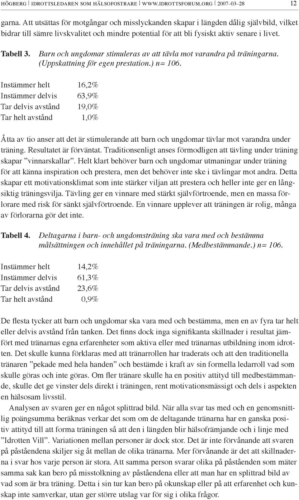 Barn och ungdomar stimuleras av att tävla mot varandra på träningarna. (Uppskattning för egen prestation.) n= 106.