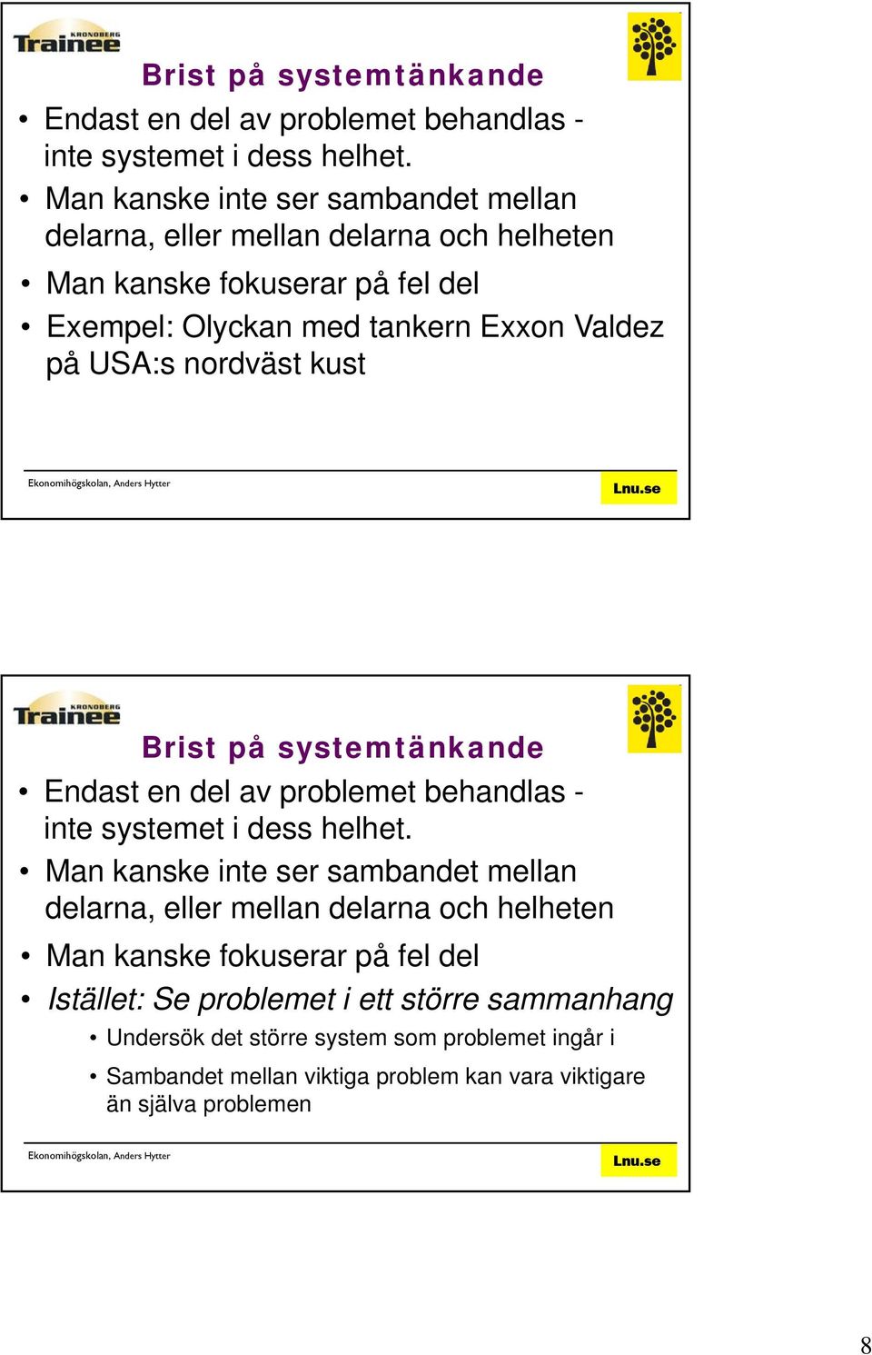 USA:s nordväst kust  Man kanske inte ser sambandet mellan delarna, eller mellan delarna och helheten Man kanske fokuserar på fel del Istället: Se problemet i