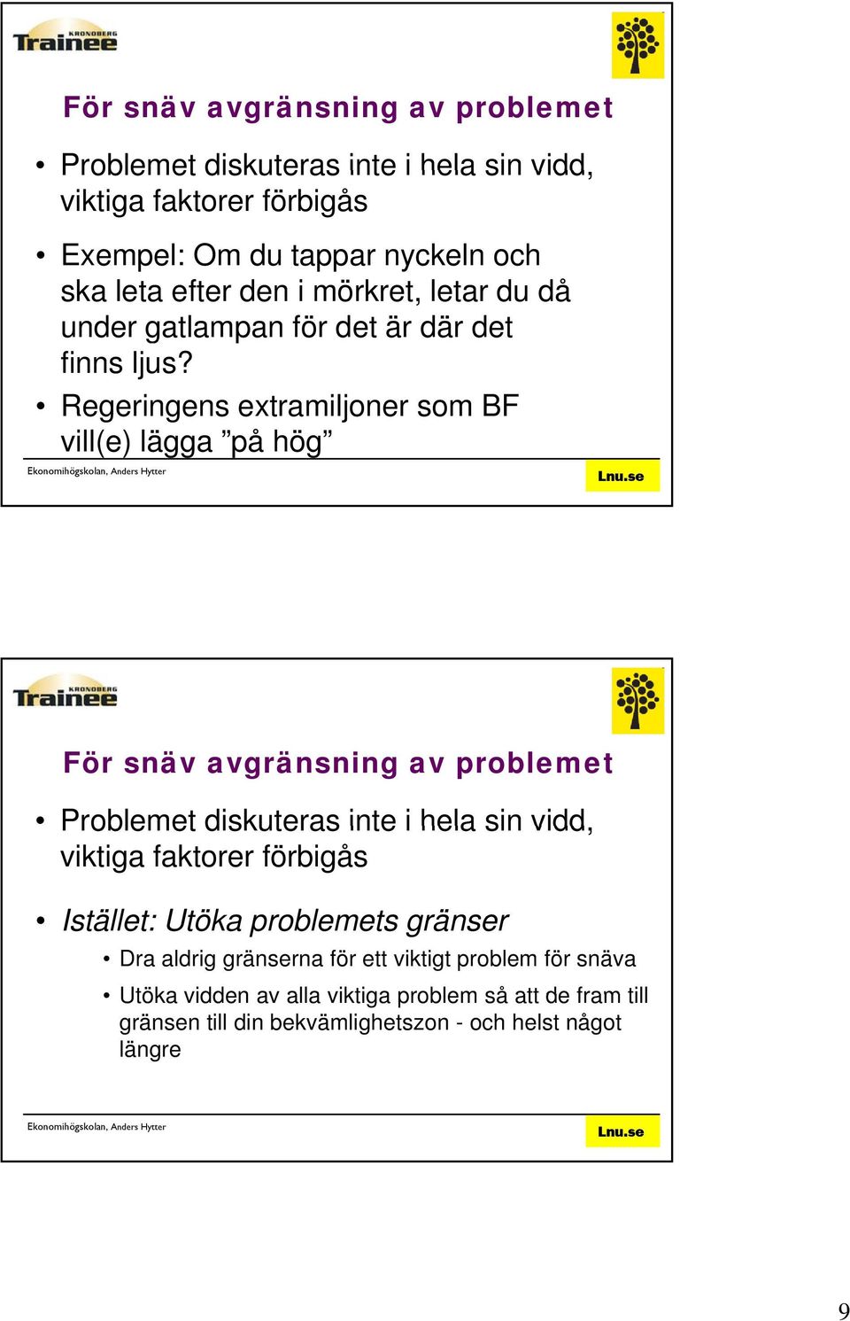 Regeringens extramiljoner som BF vill(e) lägga på hög För snäv avgränsning av problemet Problemet diskuteras inte i hela sin vidd, viktiga faktorer