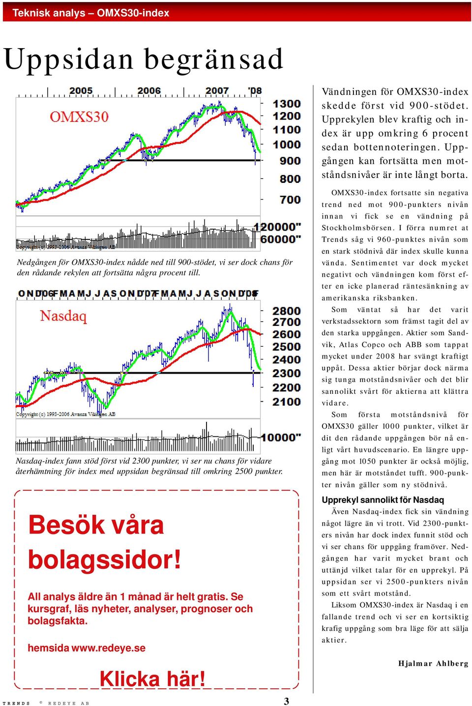 Nasdaq-index fann stöd först vid 2300 punkter, vi ser nu chans för vidare återhämtning för index med uppsidan begränsad till omkring 2500 punkter. Besök våra bolagssidor!