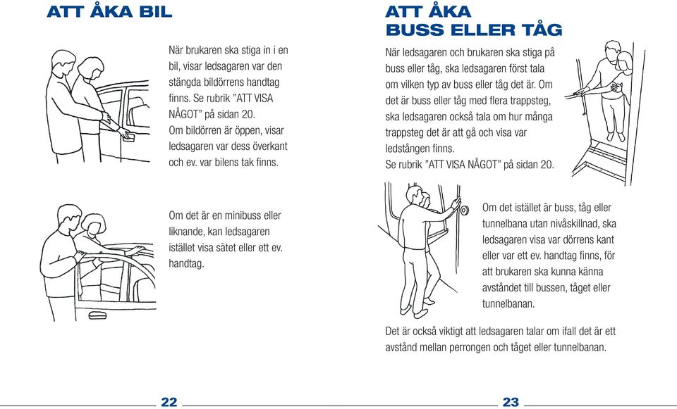 att Åka buss eller TÅg När ledsagaren och brukaren ska stiga på buss eller tåg, ska ledsagaren först tala om vilken typ av buss eller tåg det är.