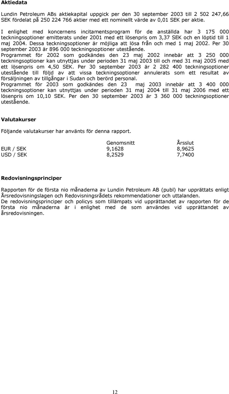 Dessa teckningsoptioner är möjliga att lösa från och med 1 maj 2002. Per 30 september 2003 är 896 000 teckningsoptioner utestående.
