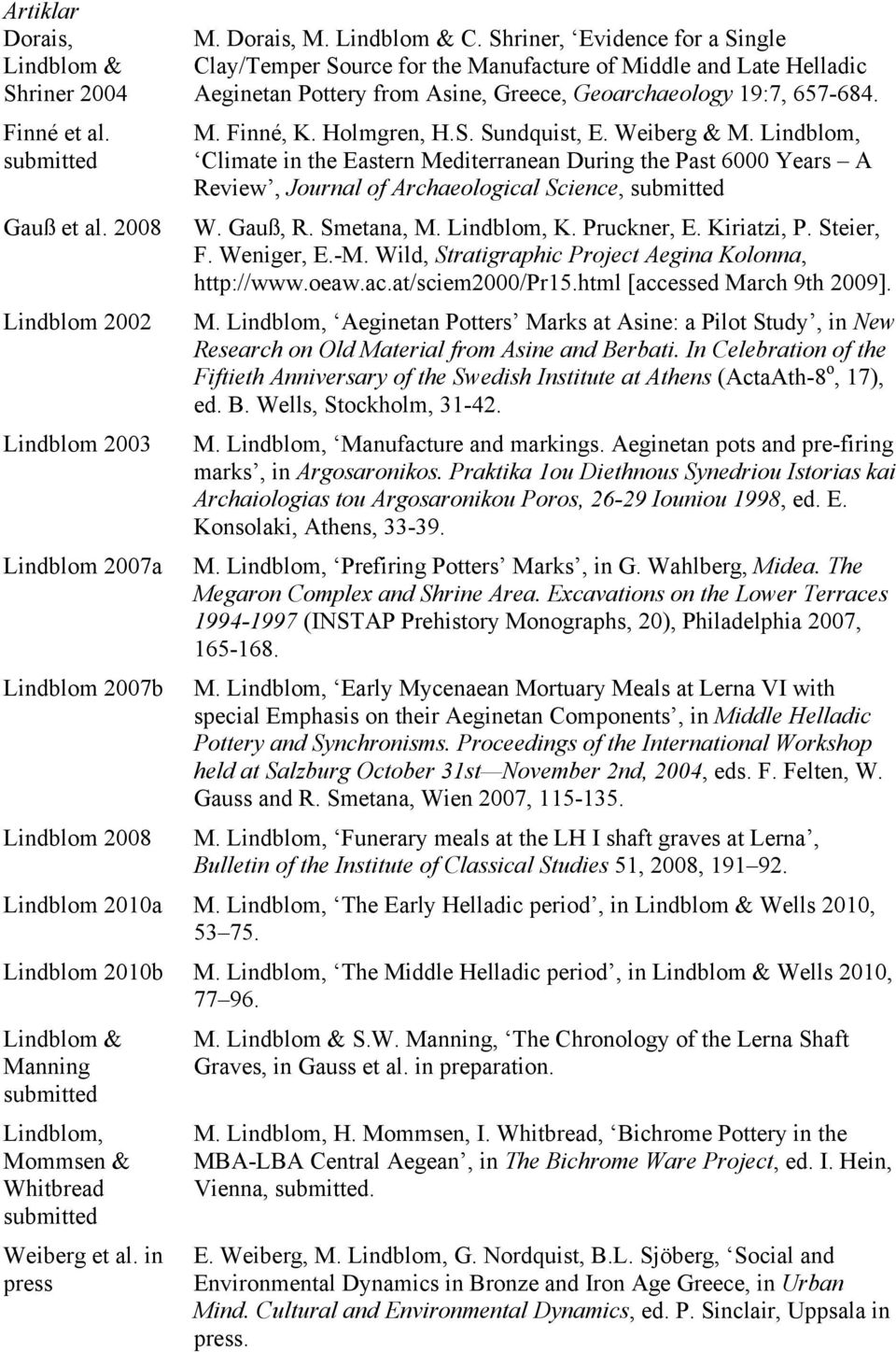 Weiberg & M. Lindblom, Climate in the Eastern Mediterranean During the Past 6000 Years A Review, Journal of Archaeological Science, W. Gauß, R. Smetana, M. Lindblom, K. Pruckner, E. Kiriatzi, P.