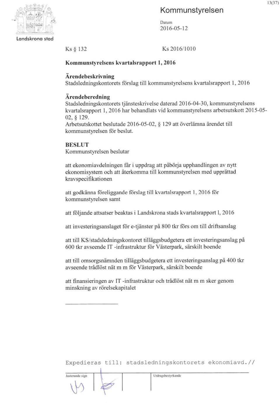 Arbetsutskottet beslutade 2016-05-02, 129 att överlämna ärendet till kommunstyrelsen for beslut.