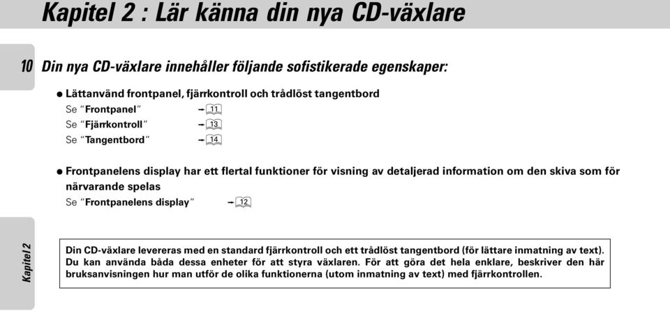 Se Fjärrkontroll # Se Tangentbord $ Frontpanelens display har ett flertal funktioner för visning av detaljerad information om den skiva som för närvarande spelas Se Frontpanelens display @ Kapitel