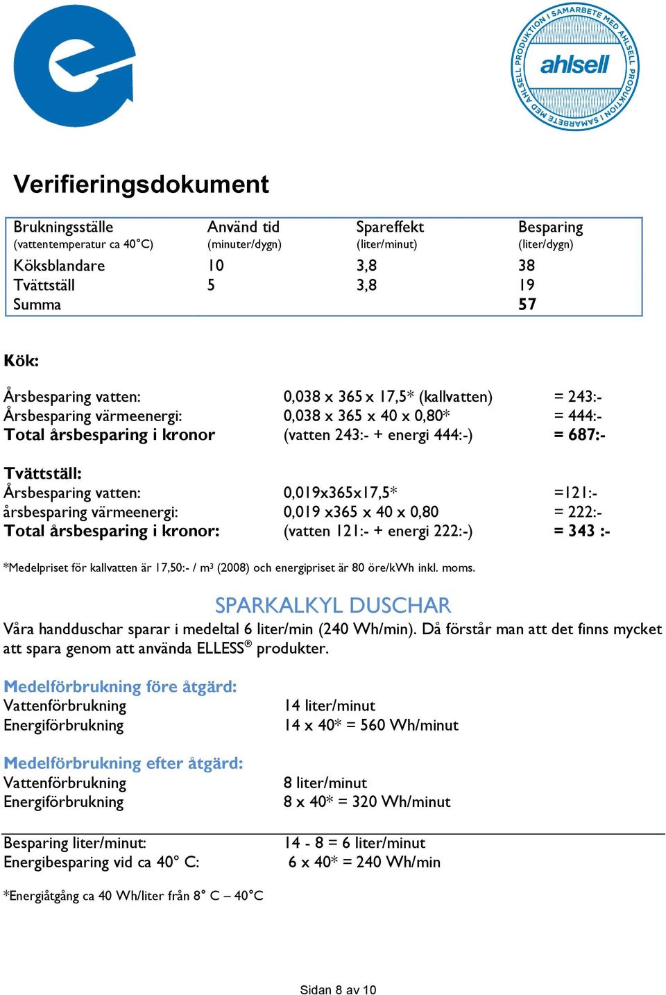 0,019x365x17,5* =121:- årsbesparing värmeenergi: 0,019 x365 x 40 x 0,80 = 222:- Total årsbesparing i kronor: (vatten 121:- + energi 222:-) = 343 :- *Medelpriset för kallvatten är 17,50:- / m 3 (2008)