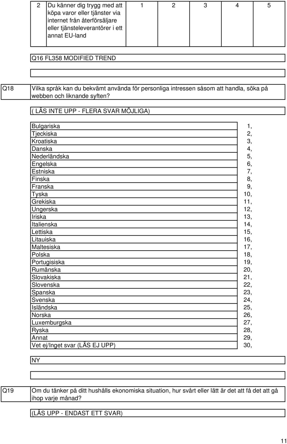 ( LÄS INTE UPP - FLERA SVAR MÖJLIGA) Bulgariska Tjeckiska Kroatiska Danska Nederländska Engelska Estniska Finska Franska Tyska Grekiska Ungerska Iriska Italienska Lettiska Litauiska