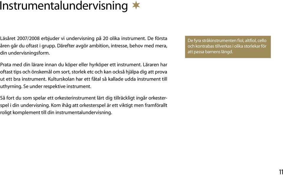 Prata med din lärare innan du köper eller hyrköper ett instrument. Läraren har oftast tips och önskemål om sort, storlek etc och kan också hjälpa dig att prova ut ett bra instrument.