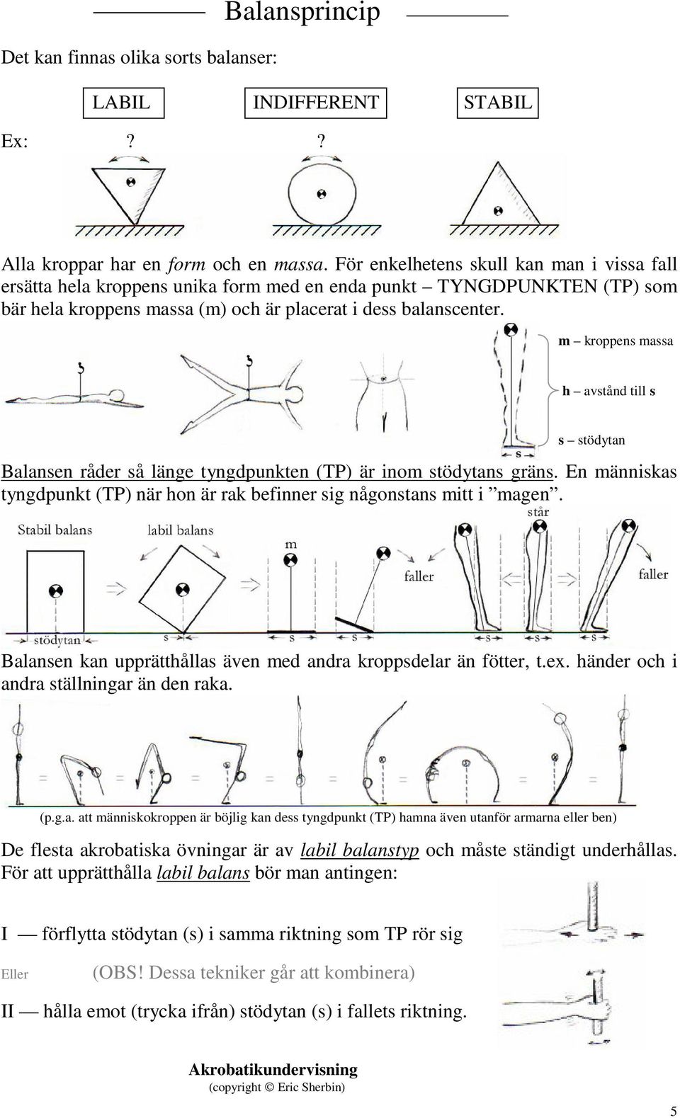 m kroppens massa h avstånd till s s stödytan Balansen råder så länge tyngdpunkten () är inom stödytans gräns. n människas tyngdpunkt () när hon är rak befinner sig någonstans mitt i magen.