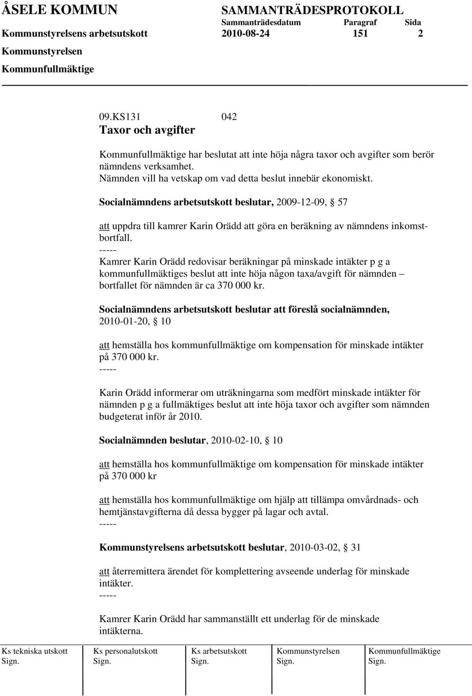 Socialnämndens arbetsutskott beslutar, 2009-12-09, 57 att uppdra till kamrer Karin Orädd att göra en beräkning av nämndens inkomstbortfall.