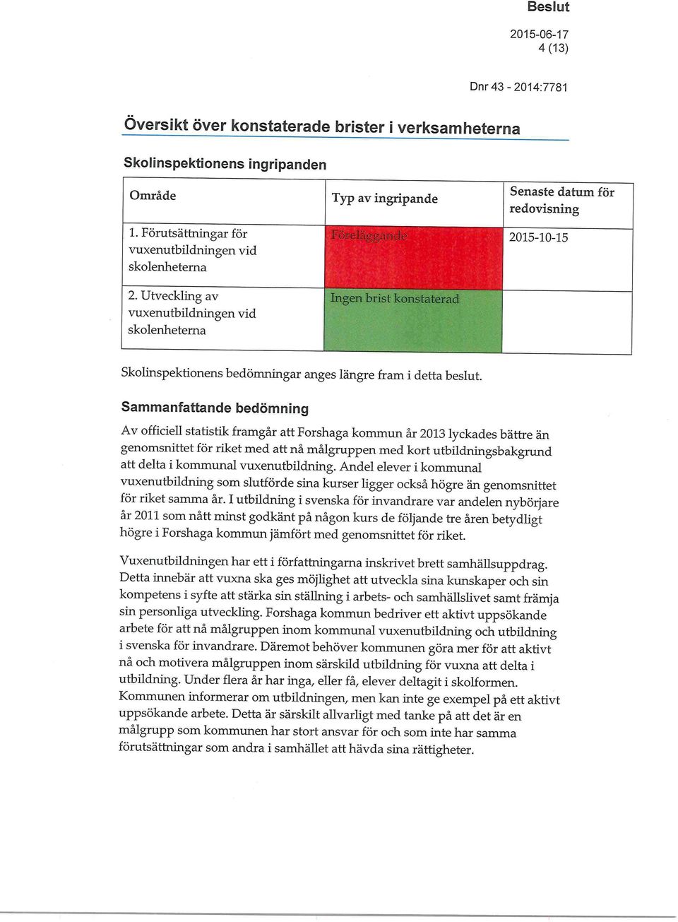 Utveckling av vuxenutbildningen vid skolenheterna <Yen onstate a Skolinspektionens bedömningar anges längre fram i detta beslut.