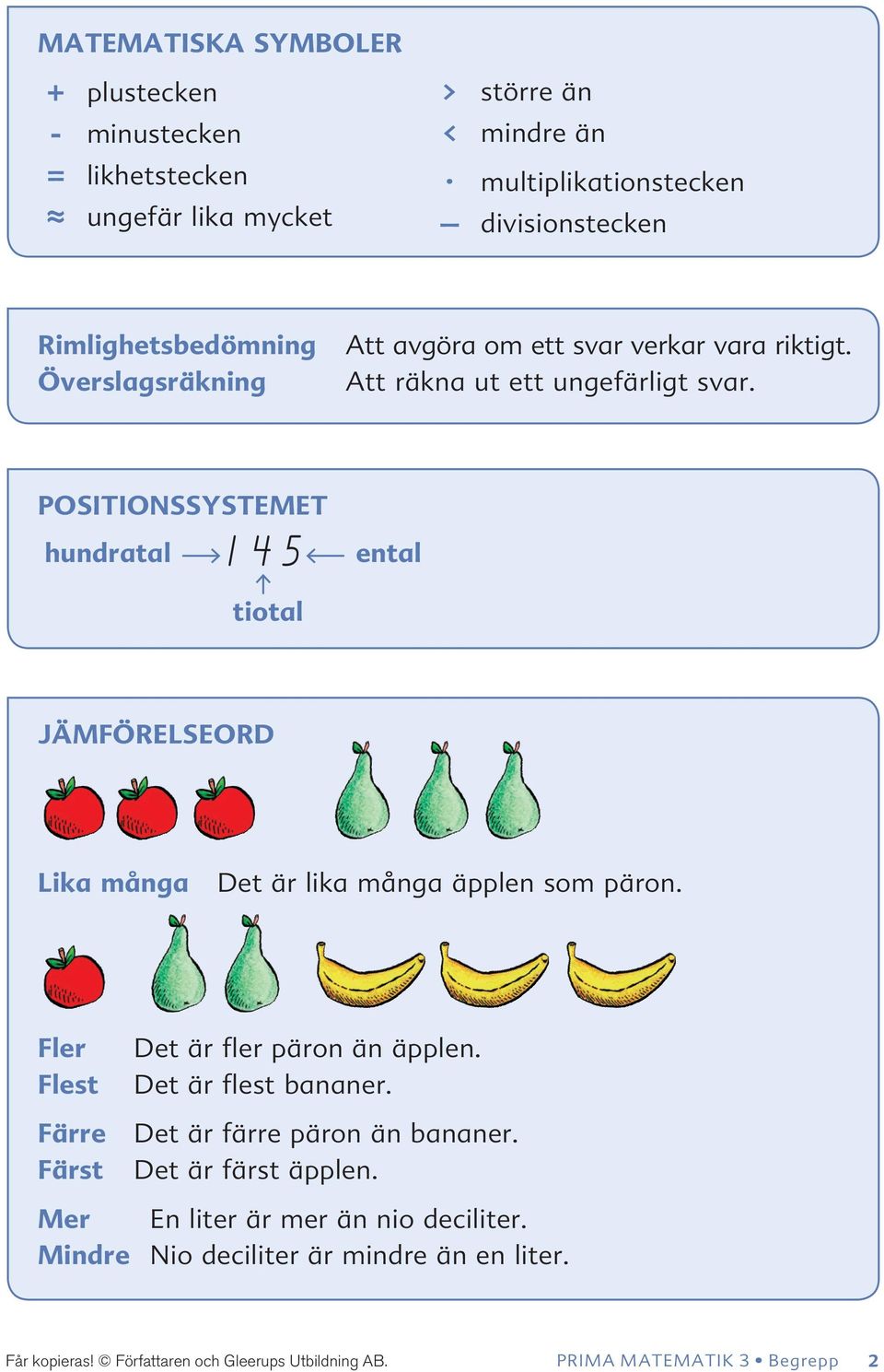 POSITIONSSYSTEMET hundratal 145 ental tiotal JÄMFÖRELSEORD Lika många Det är lika många äpplen som päron. Fler Flest Färre Färst Det är fler päron än äpplen.