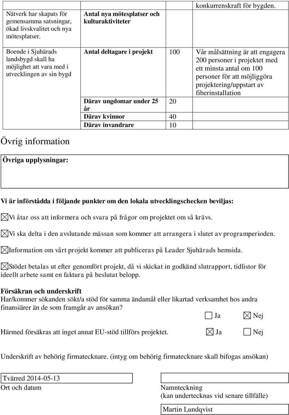 100 personer för att möjliggöra projektering/uppstart av fiberinstallation Därav ungdomar under 25 20 år Därav kvinnor 40 Därav invandrare 10 Övrig information Övriga upplysningar: Vi är införstådda