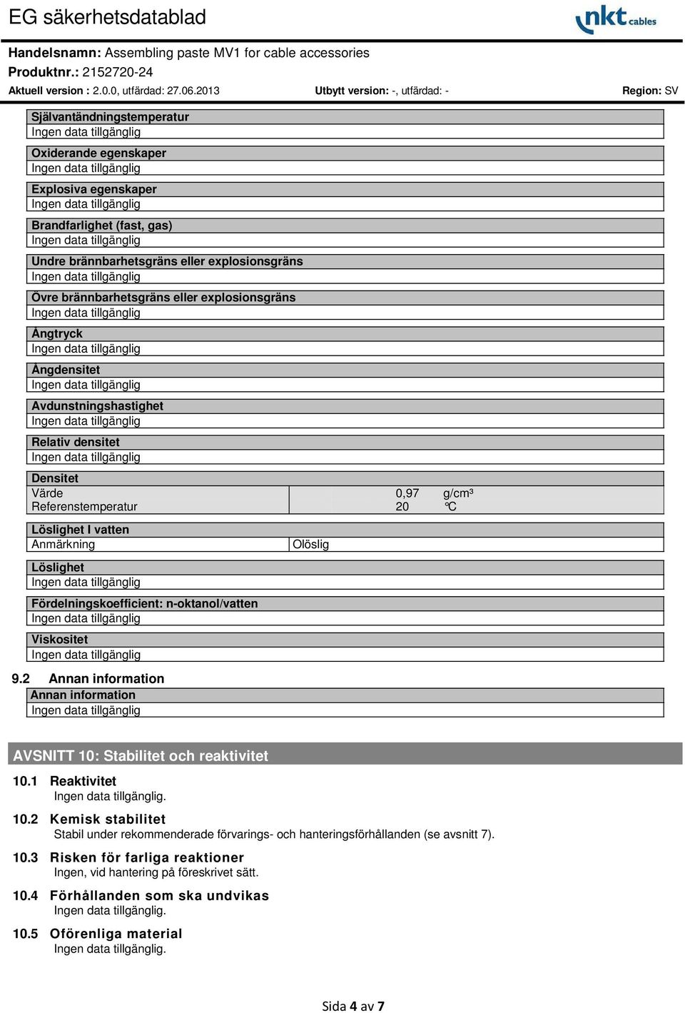 n-oktanol/vatten Viskositet 9.2 Annan information Annan information AVSNITT 10: Stabilitet och reaktivitet 10.1 Reaktivitet. 10.2 Kemisk stabilitet Stabil under rekommenderade förvarings- och hanteringsförhållanden (se avsnitt 7).