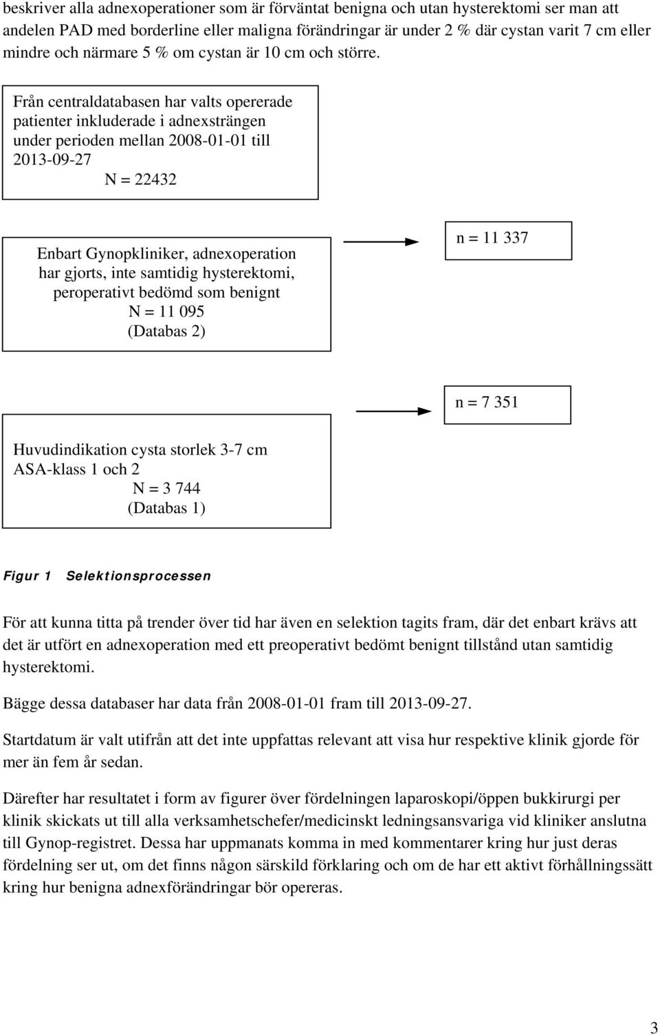 Från centraldatabasen har valts opererade patienter inkluderade i adnexsträngen under perioden mellan 2008-01-01 till 2013-09-27 N = 22432 Enbart Gynopkliniker, adnexoperation har gjorts, inte