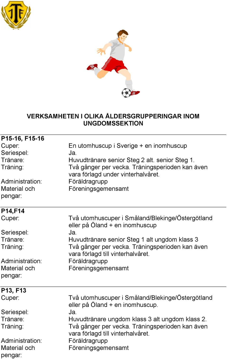 P14,F14 Två utomhuscuper i Småland/Blekinge/Östergötland eller på Öland + en inomhuscup Tränare: Huvudtränare senior Steg 1 alt ungdom klass