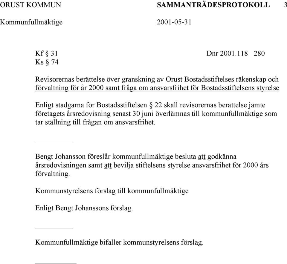 Enligt stadgarna för Bostadsstiftelsen 22 skall revisorernas berättelse jämte företagets årsredovisning senast 30 juni överlämnas till kommunfullmäktige som tar ställning till