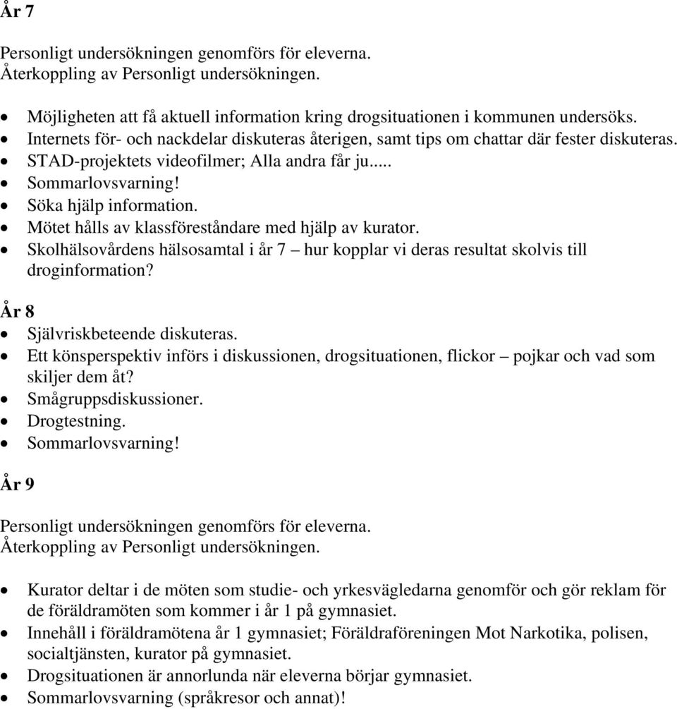 Mötet hålls av klassföreståndare med hjälp av kurator. Skolhälsovårdens hälsosamtal i år 7 hur kopplar vi deras resultat skolvis till droginformation? År 8 Självriskbeteende diskuteras.