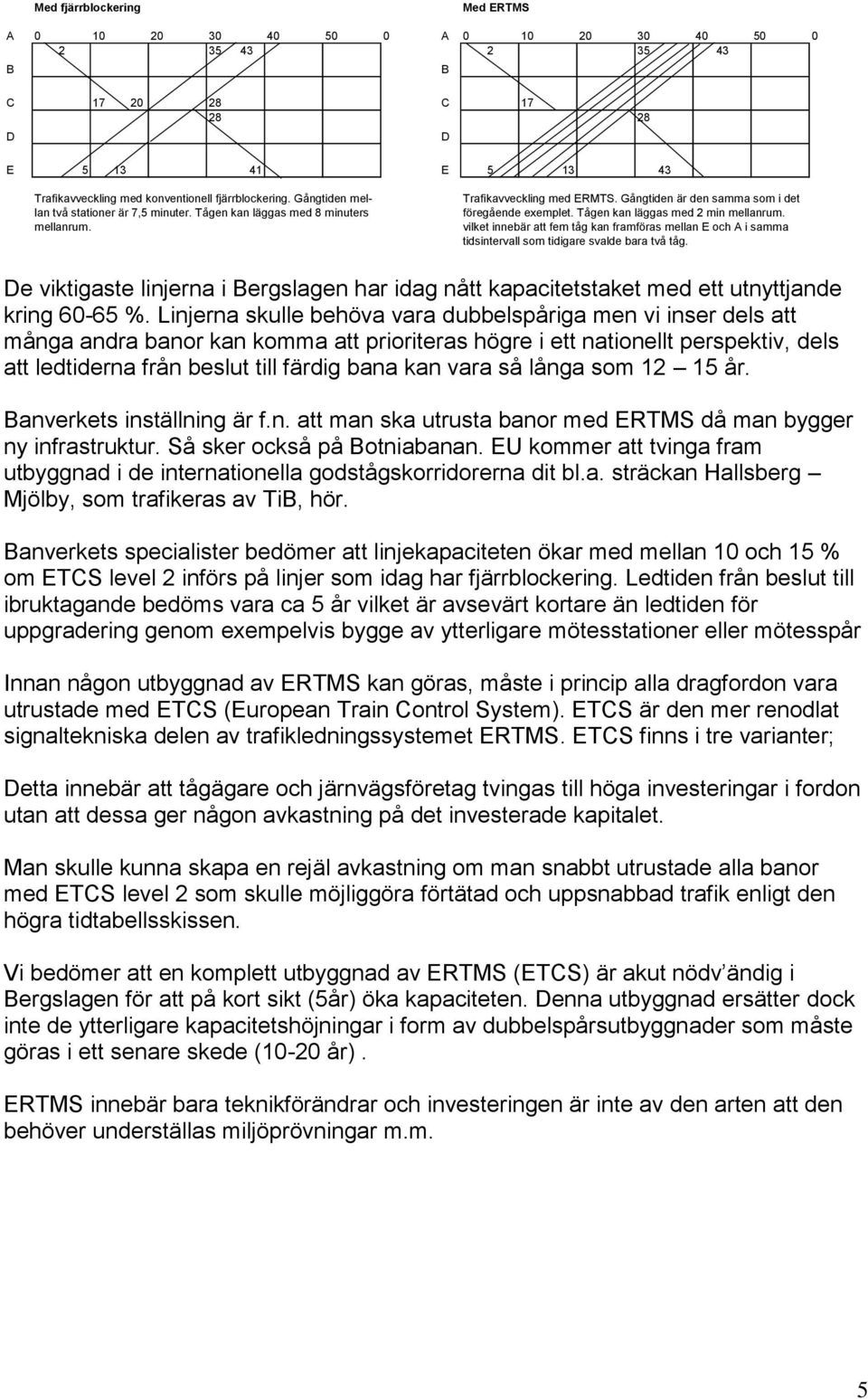 Tågen kan läggas med 2 min mellanrum. vilket innebär att fem tåg kan framföras mellan E och A i samma tidsintervall som tidigare svalde bara två tåg.