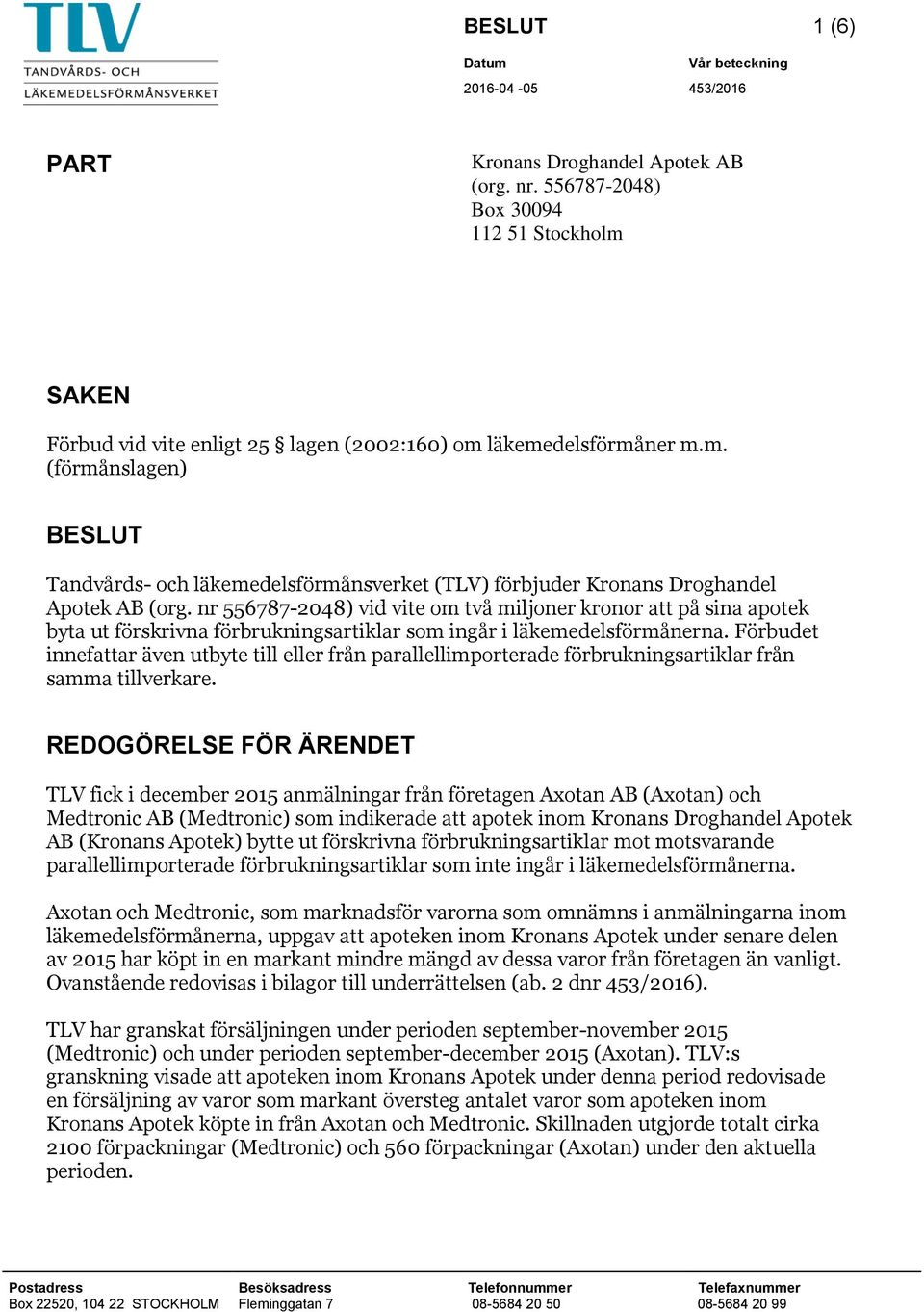 nr 556787-2048) vid vite om två miljoner kronor att på sina apotek byta ut förskrivna förbrukningsartiklar som ingår i läkemedelsförmånerna.