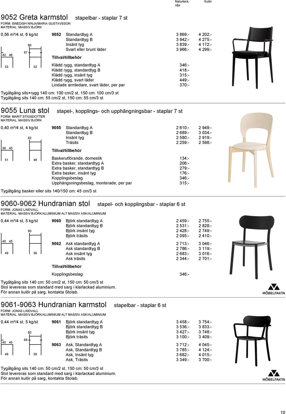 svart läder, per par 370:- Tygåtgång sits+rygg 140 cm: 100 cm/2 st, 150 cm: 100 cm/3 st Tygåtgång sits 140 cm: 55 cm/2 st, 150 cm: 55 cm/3 st 9055 Luna stol stapel-, kopplings- och upphängningsbar -