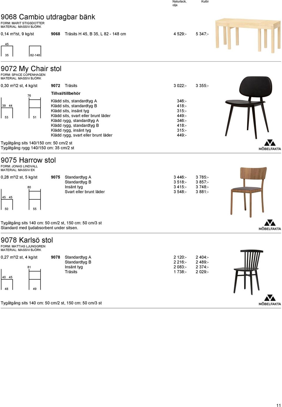 standardtyg B 418:- Klädd sits, insänt tyg 315:- Klädd sits, svart eller brunt läder 449:- Klädd rygg, standardtyg A 346:- Klädd rygg, standardtyg B 418:- Klädd rygg, insänt tyg 315:- Klädd rygg,