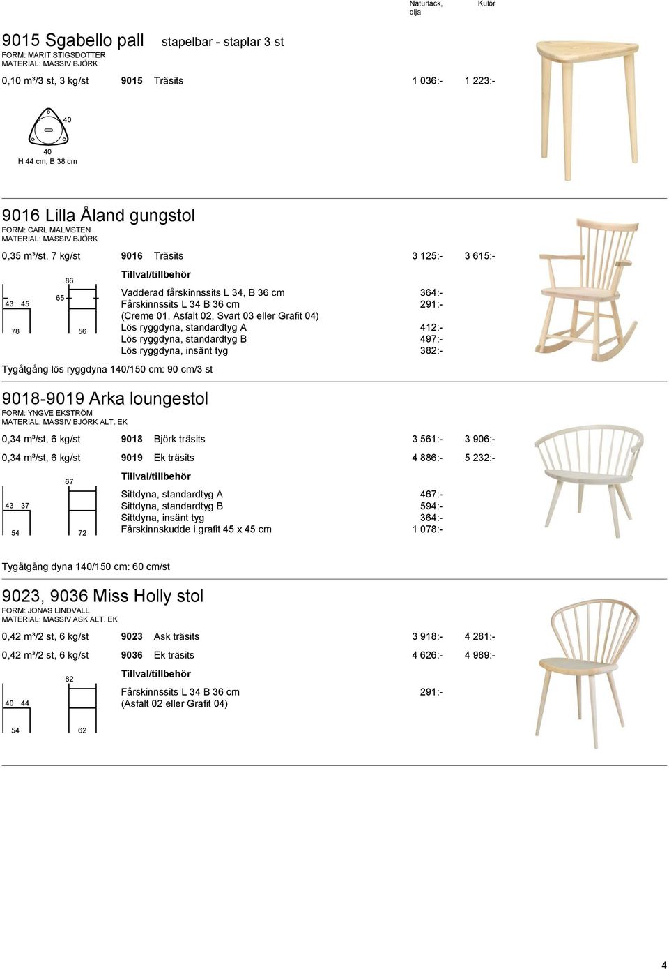 EK Vadderad fårskinnssits L 34, B 36 cm 364:- Fårskinnssits L 34 B 36 cm 291:- (Creme 01, Asfalt 02, Svart 03 eller Grafit 04) Lös ryggdyna, standardtyg A 412:- Lös ryggdyna, standardtyg B 497:- Lös