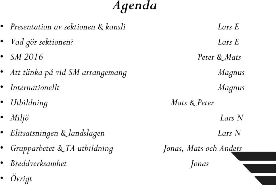 Elitsatsningen & landslagen Grupparbetet & TA utbildning Breddverksamhet