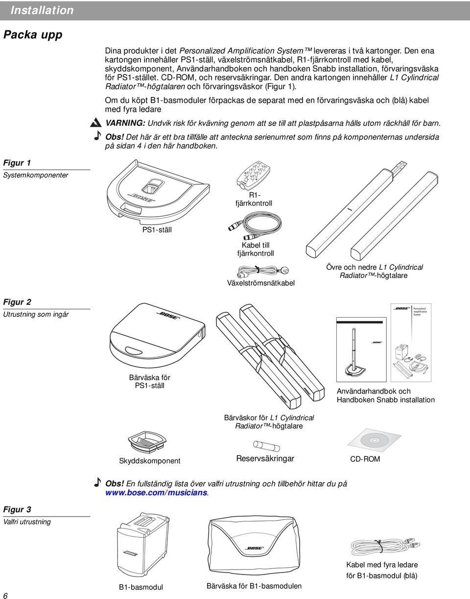 CD-ROM, och reservsäkringar. Den andra kartongen innehåller L1 Cylindrical Radiator -högtalaren och förvaringsväskor (Figur 1).