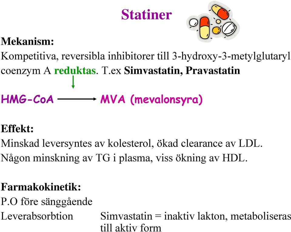 ex Simvastatin, Pravastatin HMG-CoA MVA (mevalonsyra) Effekt: Minskad leversyntes av kolesterol,