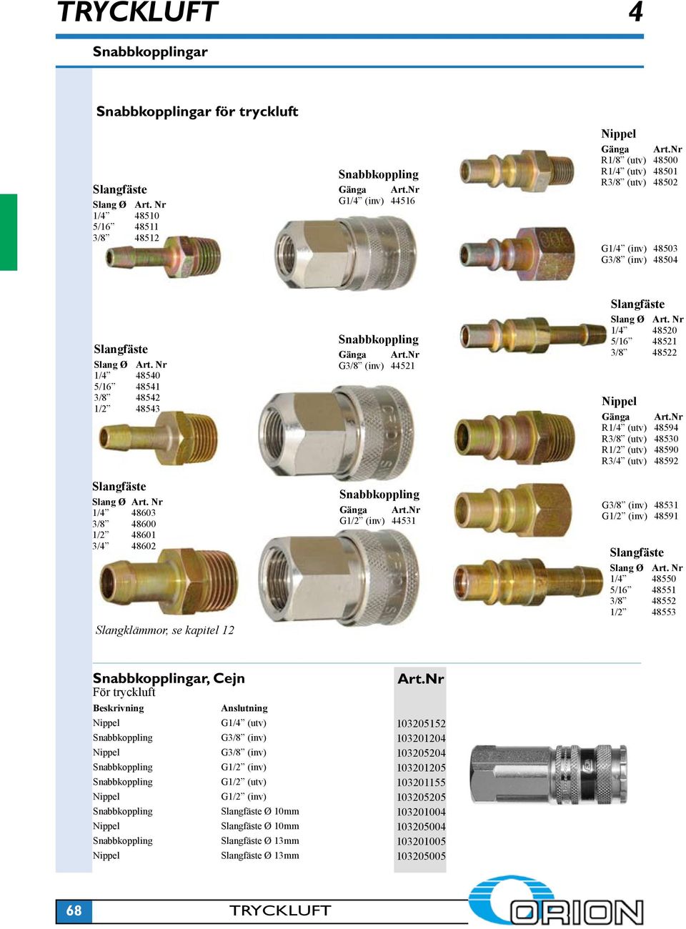 (utv) 48530 R1/2 (utv) 48590 R3/4 (utv) 48592 G3/8 (inv) 48531 G1/2 (inv) 48591 1/4 48550 5/16 48551 3/8 48552 1/2 48553 ar, Cejn För tryckluft Beskrivning Anslutning G1/4 (utv)