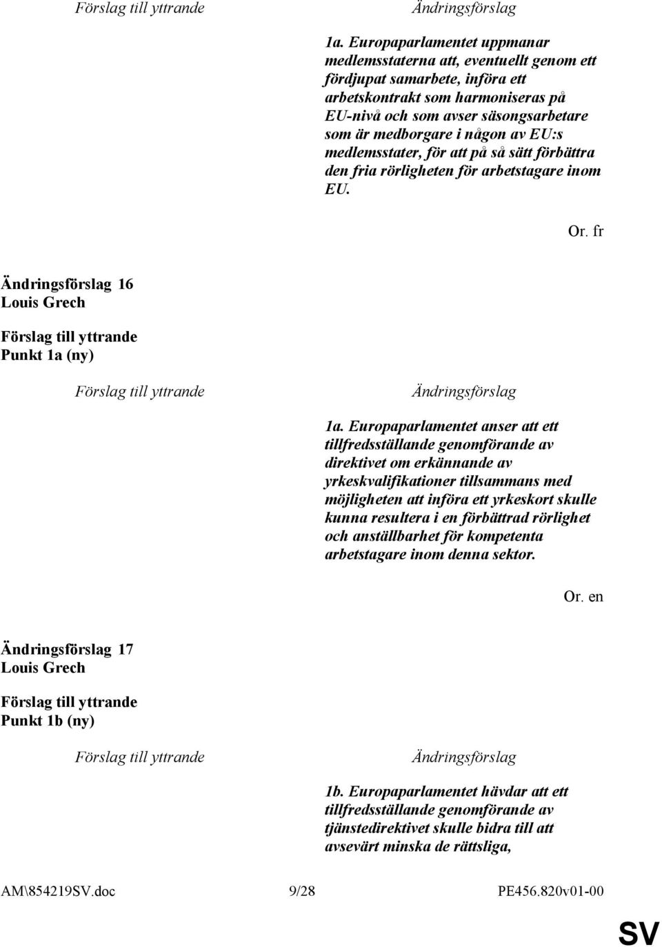 Europaparlamentet anser att ett tillfredsställande genomförande av direktivet om erkännande av yrkeskvalifikationer tillsammans med möjligheten att införa ett yrkeskort skulle kunna resultera i en