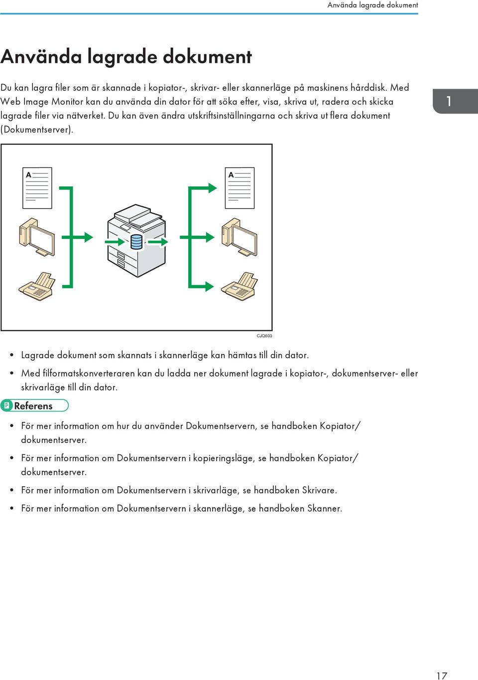 Du kan även ändra utskriftsinställningarna och skriva ut flera dokument (Dokumentserver). CJQ603 Lagrade dokument som skannats i skannerläge kan hämtas till din dator.