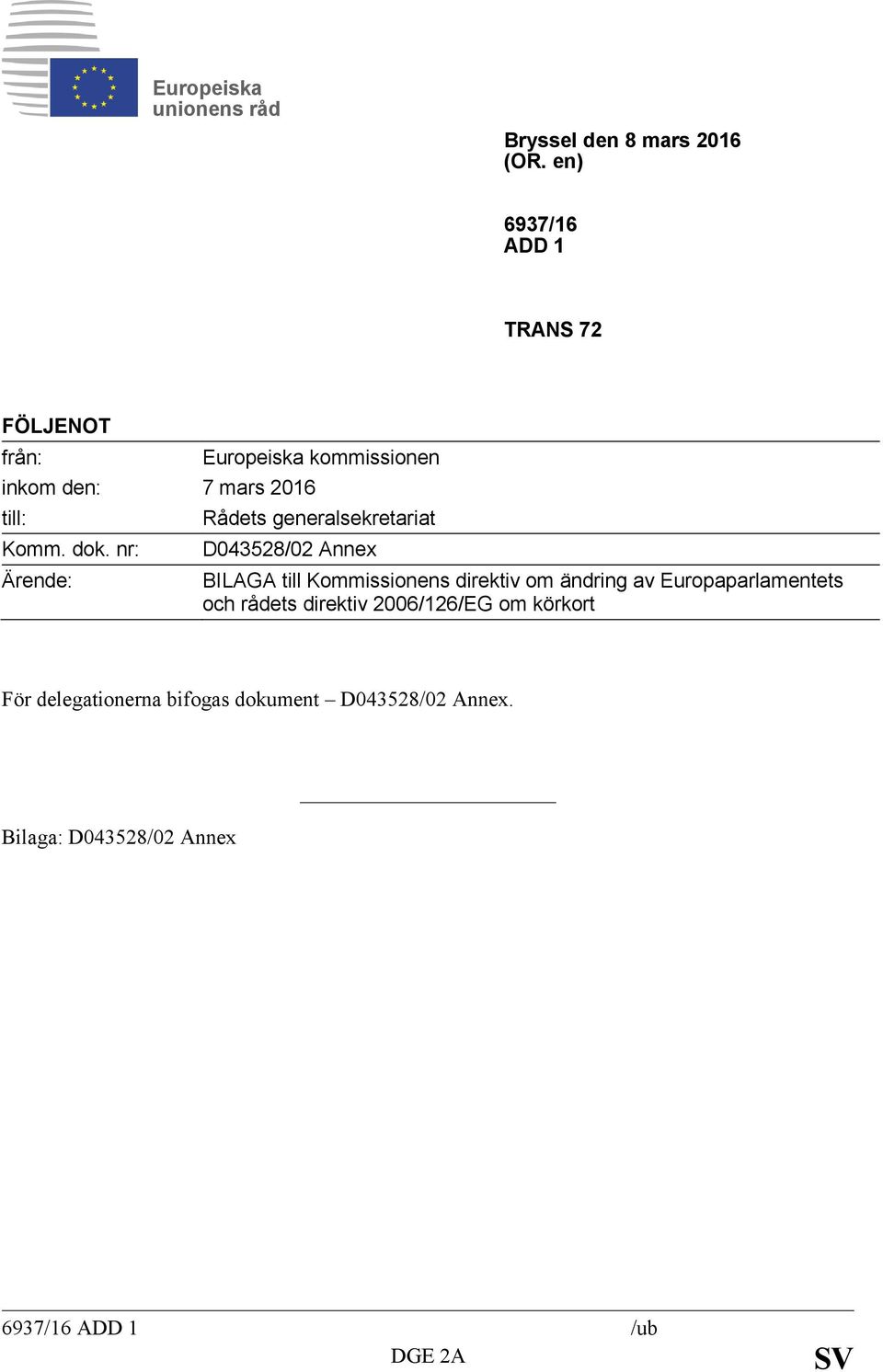 nr: Ärende: Europeiska kommissionen Rådets generalsekretariat D043528/02 Annex BILAGA till Kommissionens
