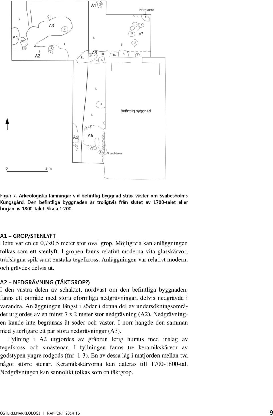 I gropen fanns relativt moderna vita glasskärvor, trådslagna spik samt enstaka tegelkross. Anläggningen var relativt modern, och grävdes delvis ut. A2 NEDGRÄVNING (TÄKTGROP?