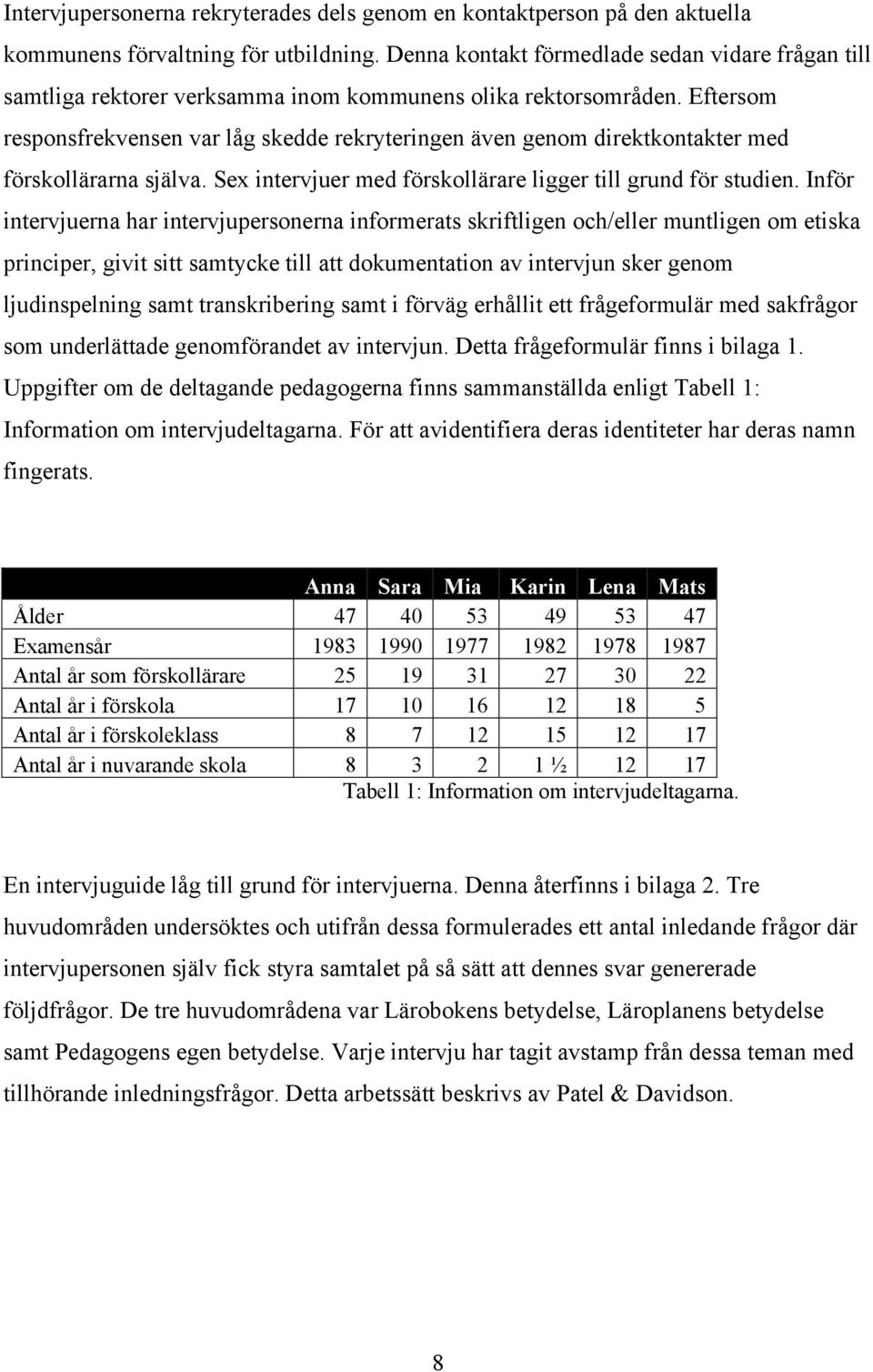 Eftersom responsfrekvensen var låg skedde rekryteringen även genom direktkontakter med förskollärarna själva. Sex intervjuer med förskollärare ligger till grund för studien.