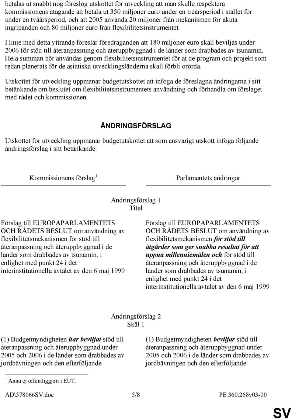 I linje med detta yttrande föreslår föredraganden att 180 miljoner euro skall beviljas under 2006 för stöd till återanpassning och återuppbyggnad i de länder som drabbades av tsunamin.