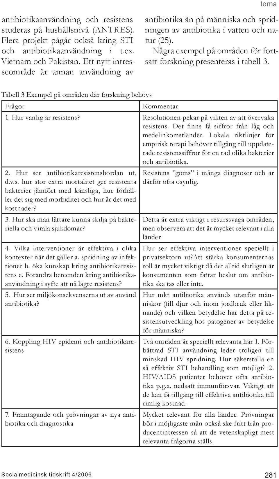 Några exempel på områden för fortsatt forskning presenteras i tabell 3. Tabell 3 Exempel på områden där forskning behövs Frågor Kommentar 1. Hur vanlig är resistens?