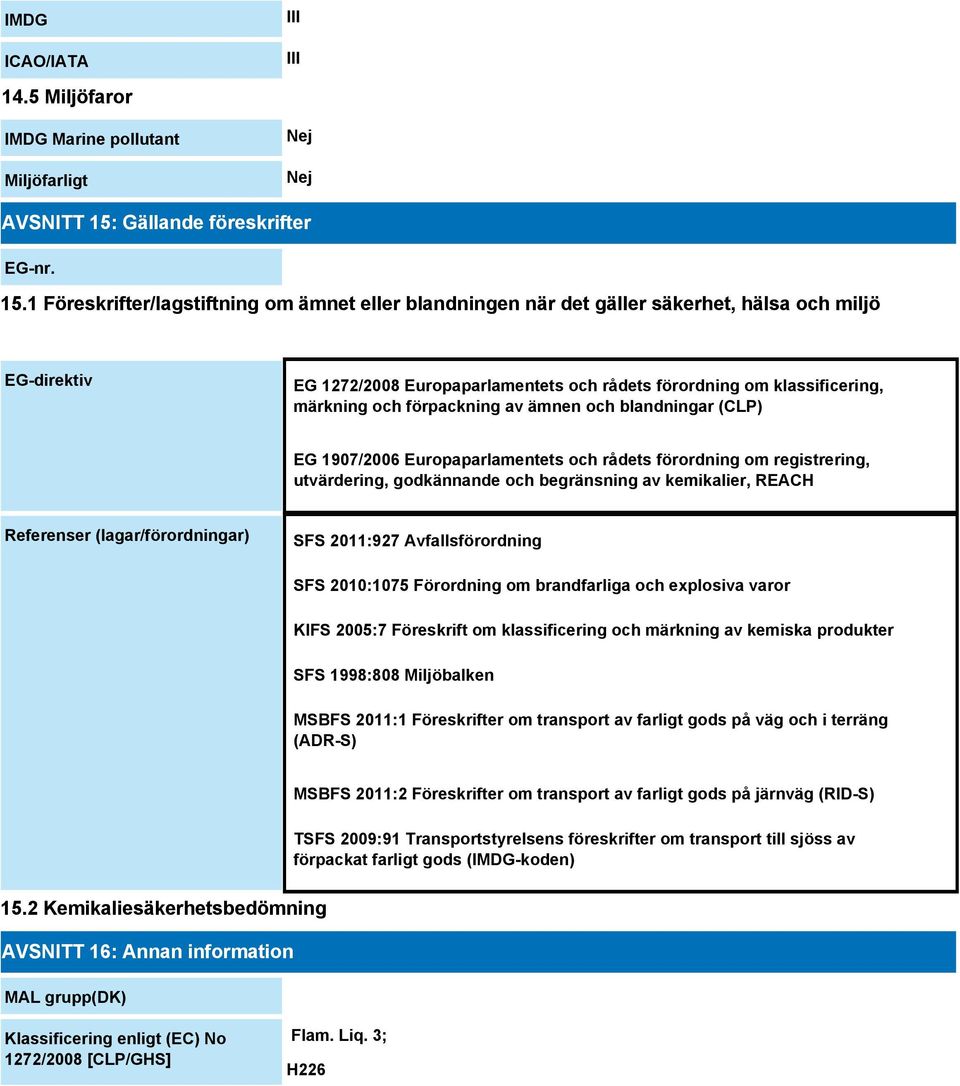 1 Föreskrifter/lagstiftning om ämnet eller blandningen när det gäller säkerhet, hälsa och miljö EG-direktiv EG 1272/2008 Europaparlamentets och rådets förordning om klassificering, märkning och