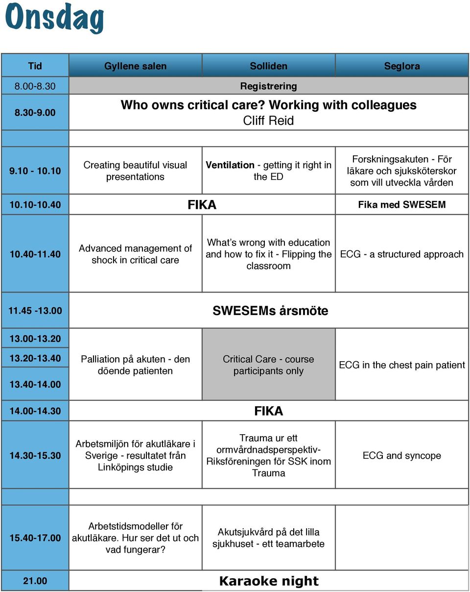 40 Advanced management of shock in critical care What s wrong with education and how to fix it - Flipping the classroom ECG - a structured approach 11.45-13.00 SWESEMs årsmöte 13.20-13.40 13.40-14.