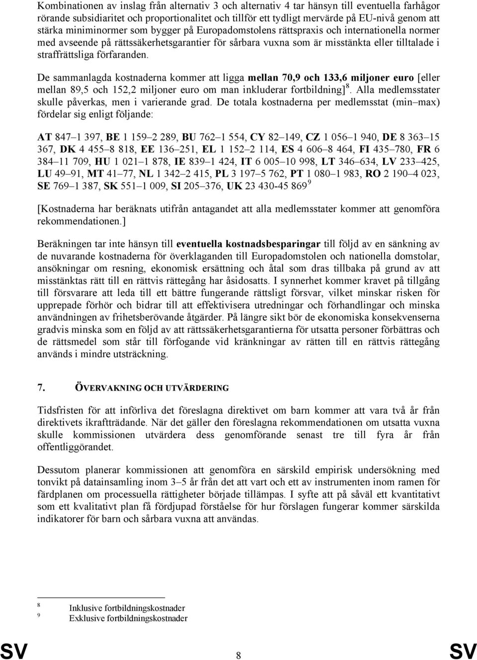 förfaranden. De sammanlagda kostnaderna kommer att ligga mellan 70,9 och 133,6 miljoner euro [eller mellan 89,5 och 152,2 miljoner euro om man inkluderar fortbildning] 8.