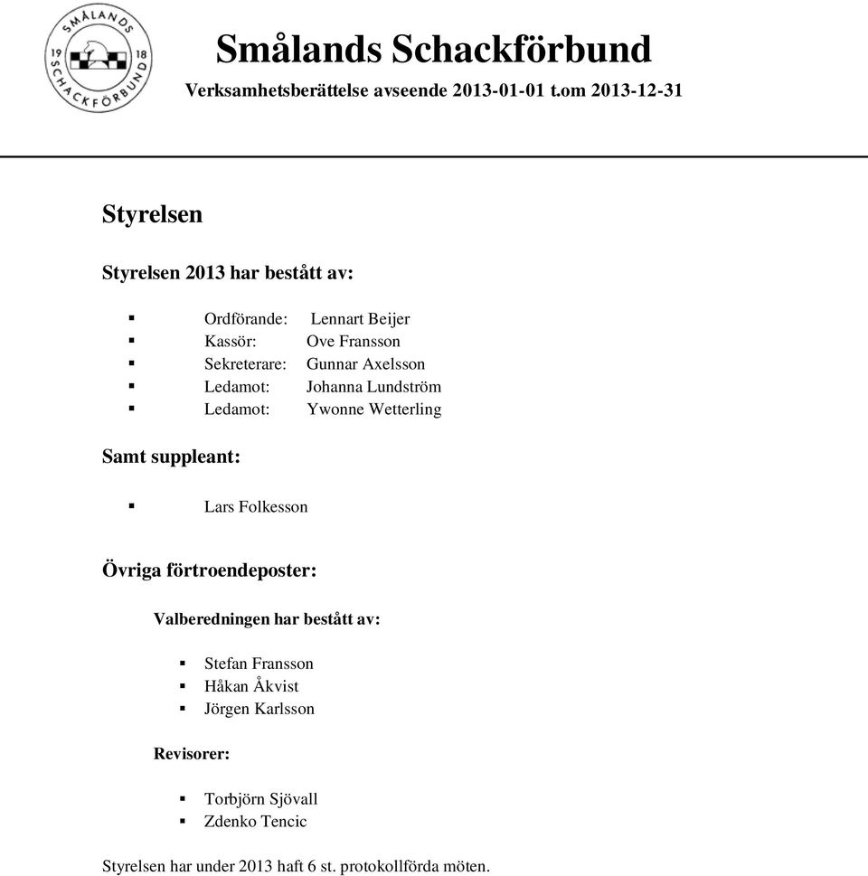 Gunnar Axelsson Ledamot: Johanna Lundström Ledamot: Ywonne Wetterling Samt suppleant: Lars Folkesson Övriga