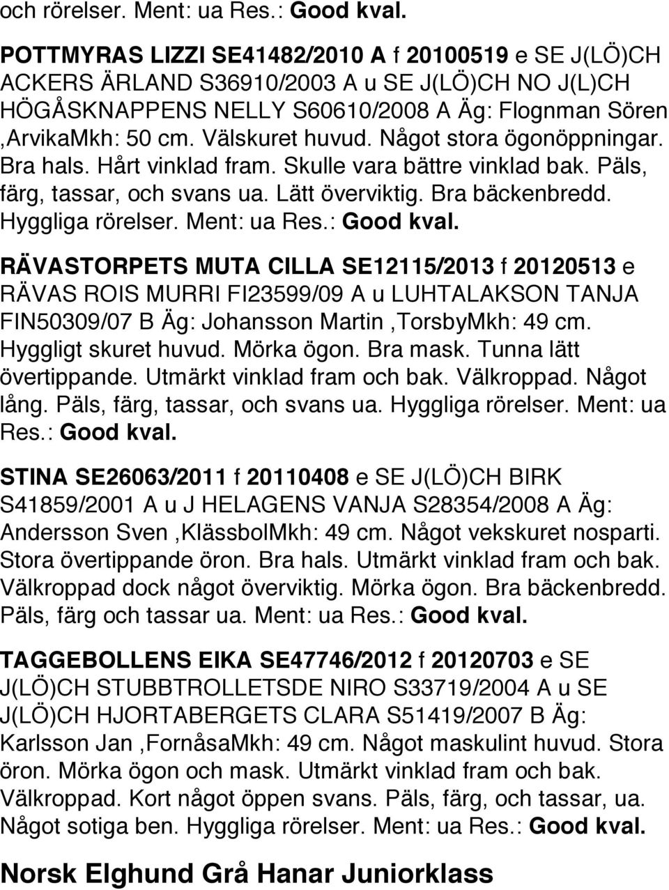 Något stora ögonöppningar. Bra hals. Hårt vinklad fram. Skulle vara bättre vinklad bak. Päls, färg, tassar, och svans ua. Lätt överviktig. Bra bäckenbredd. Hyggliga rörelser. Ment: ua Res.: Good kval.