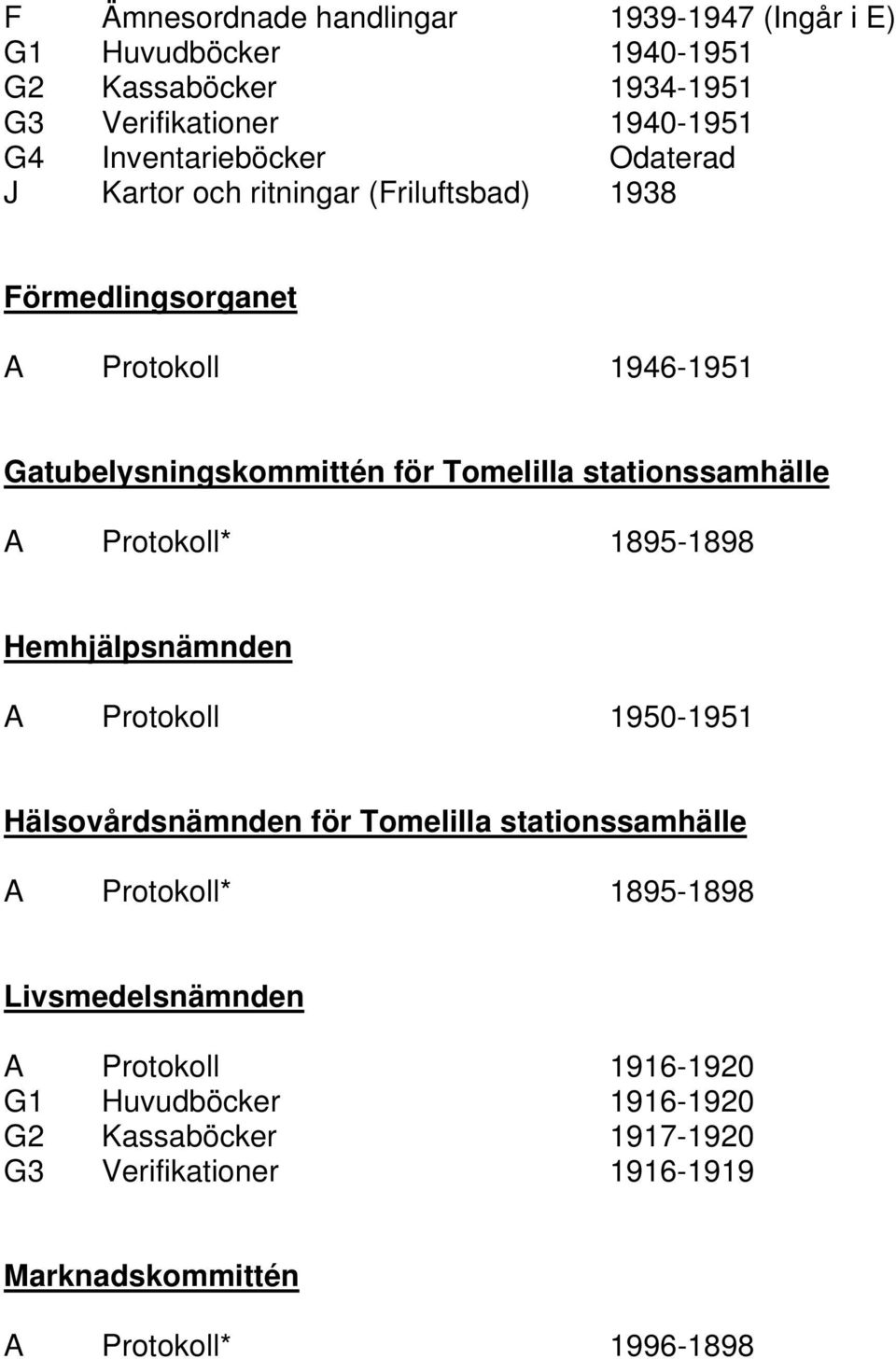 A Protokoll* 1895-1898 Hemhjälpsnämnden A Protokoll 1950-1951 Hälsovårdsnämnden för Tomelilla stationssamhälle A Protokoll* 1895-1898