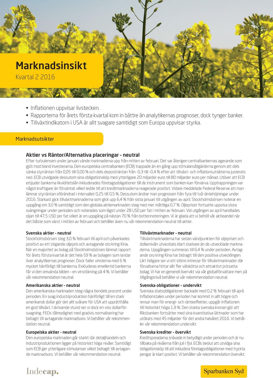 Marknadsutsikter Aktier vs Räntor/Alternativa placeringar neutral Efter turbulensen under januari vände marknaderna upp från mitten av februari.