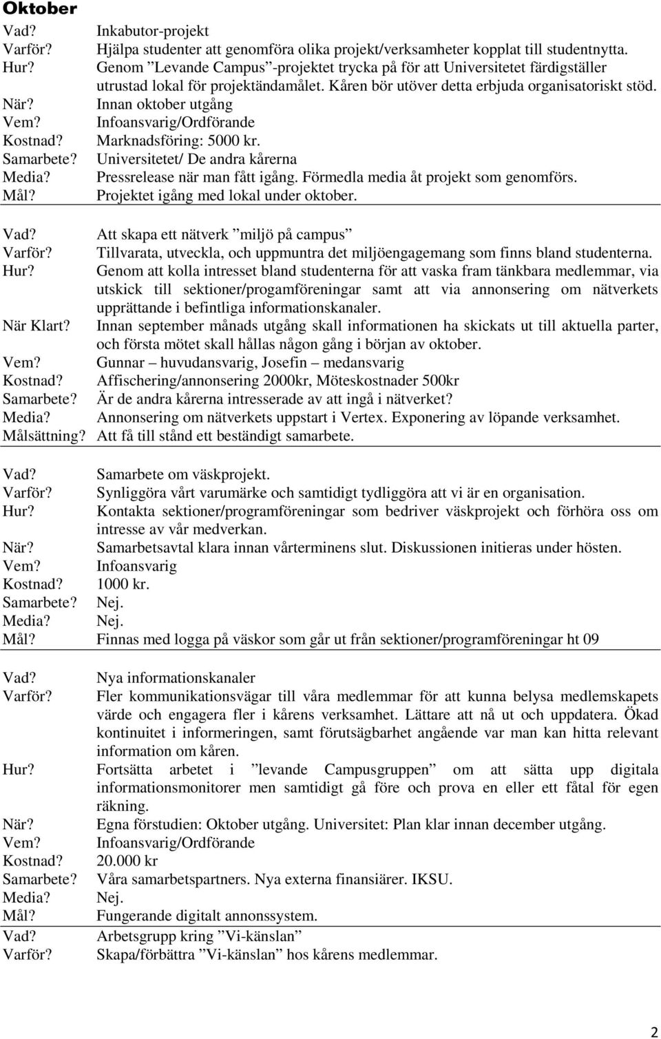 Innan oktober utgång Infoansvarig/Ordförande Marknadsföring: 5000 kr. Universitetet/ De andra kårerna Pressrelease när man fått igång. Förmedla media åt projekt som genomförs.