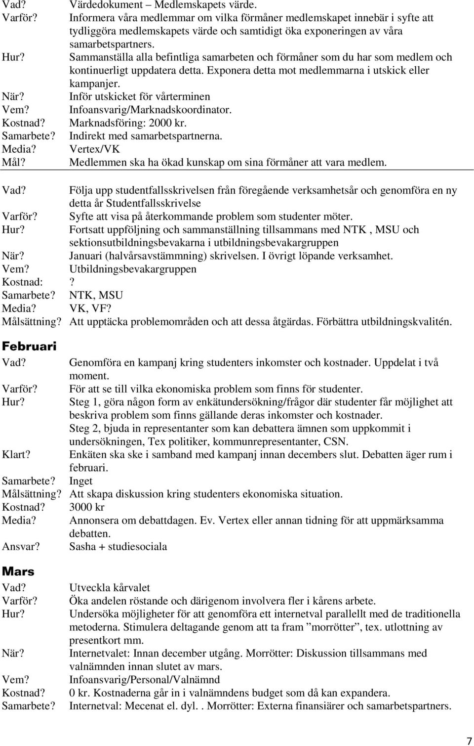 Inför utskicket för vårterminen Infoansvarig/Marknadskoordinator. Marknadsföring: 2000 kr. Indirekt med samarbetspartnerna. Vertex/VK Medlemmen ska ha ökad kunskap om sina förmåner att vara medlem.