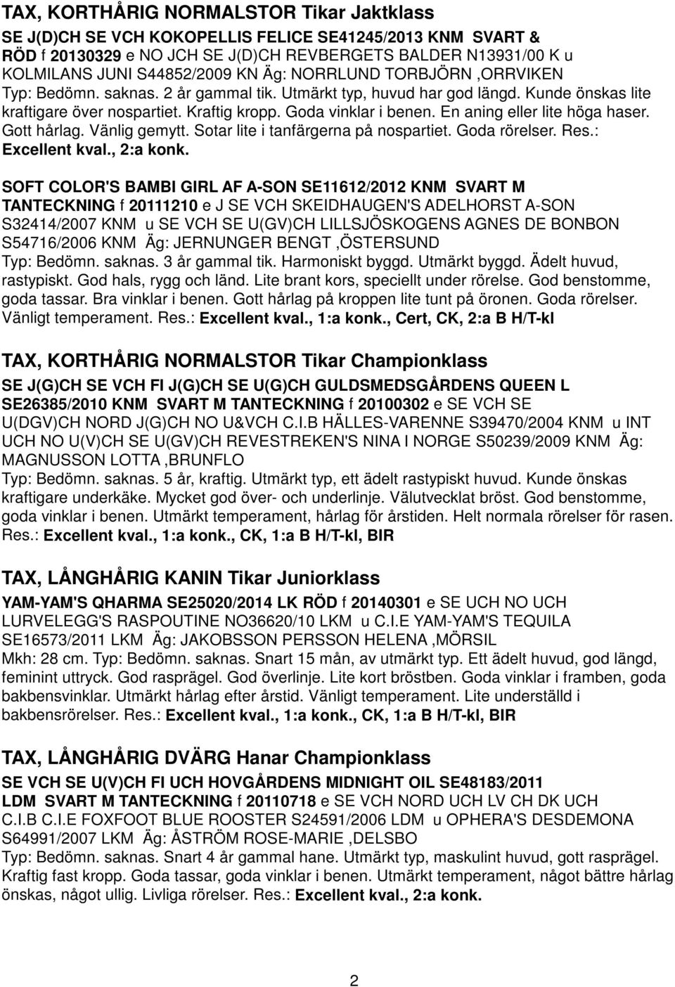 En aning eller lite höga haser. Gott hårlag. Vänlig gemytt. Sotar lite i tanfärgerna på nospartiet. Goda rörelser. Res.: Excellent kval., 2:a konk.