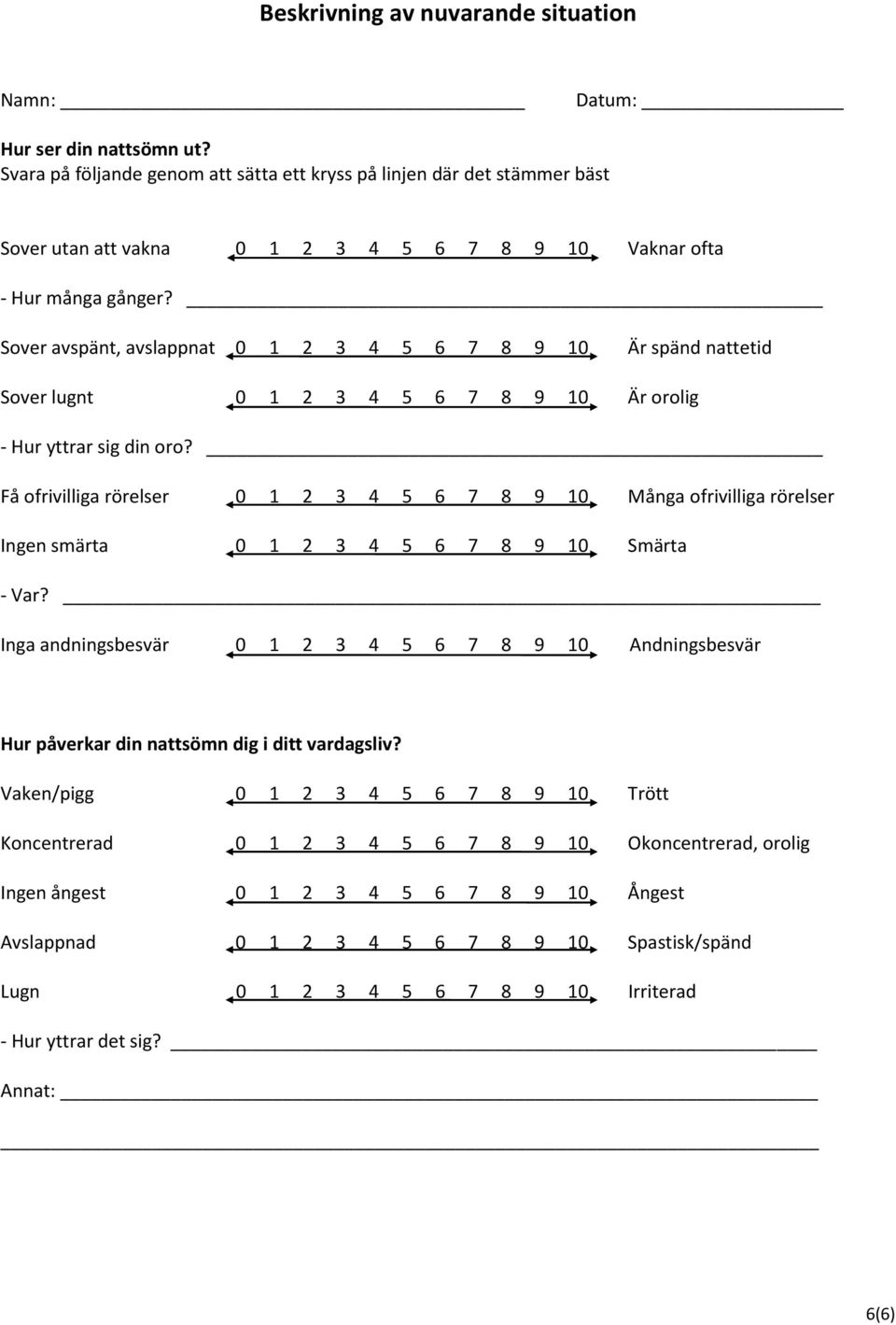 Sover avspänt, avslappnat 0 1 2 3 4 5 6 7 8 9 10 Är spänd nattetid Sover lugnt 0 1 2 3 4 5 6 7 8 9 10 Är orolig - Hur yttrar sig din oro?