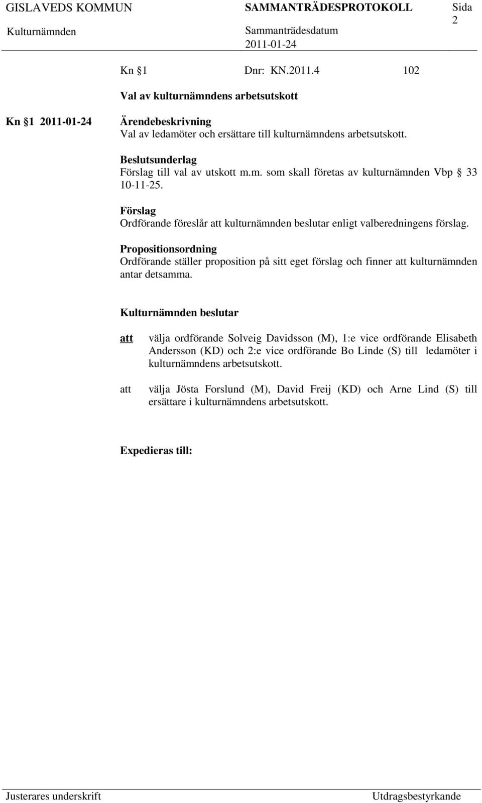 Ordförande ställer proposition på sitt eget förslag och finner kulturnämnden beslutar välja ordförande Solveig Davidsson (M), 1:e vice ordförande Elisabeth